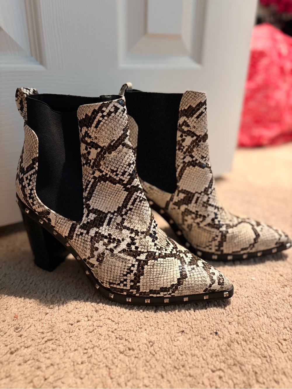 Charles David Python-Print Pointed Ankle Booties in Beige and Black